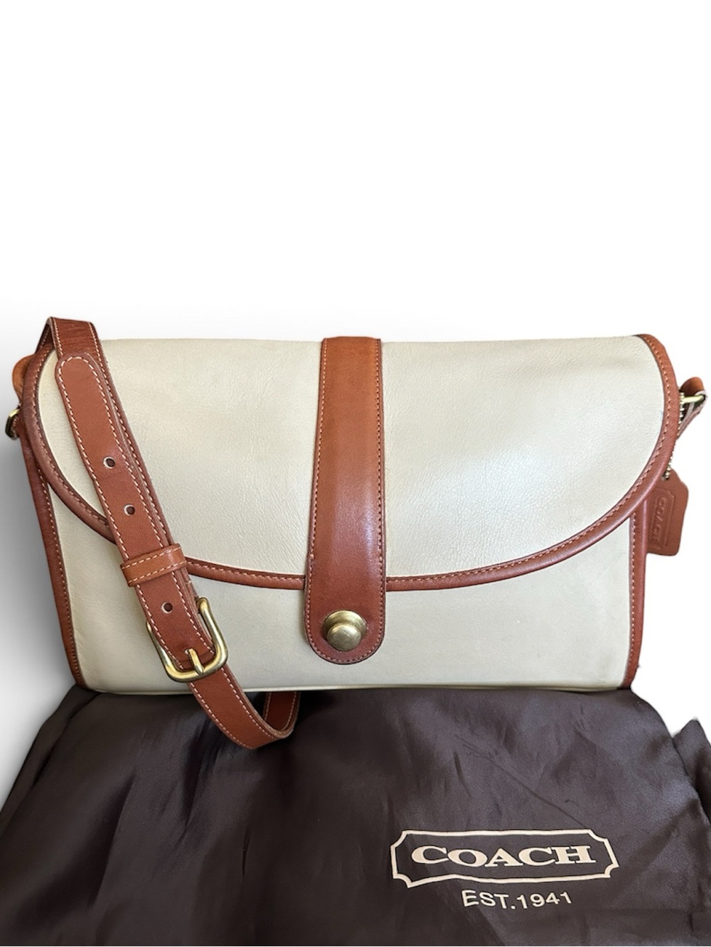 COACH Vintage RARE Spectator Saddle Crossbody Bag Bone & Tabac Leather 077-6787